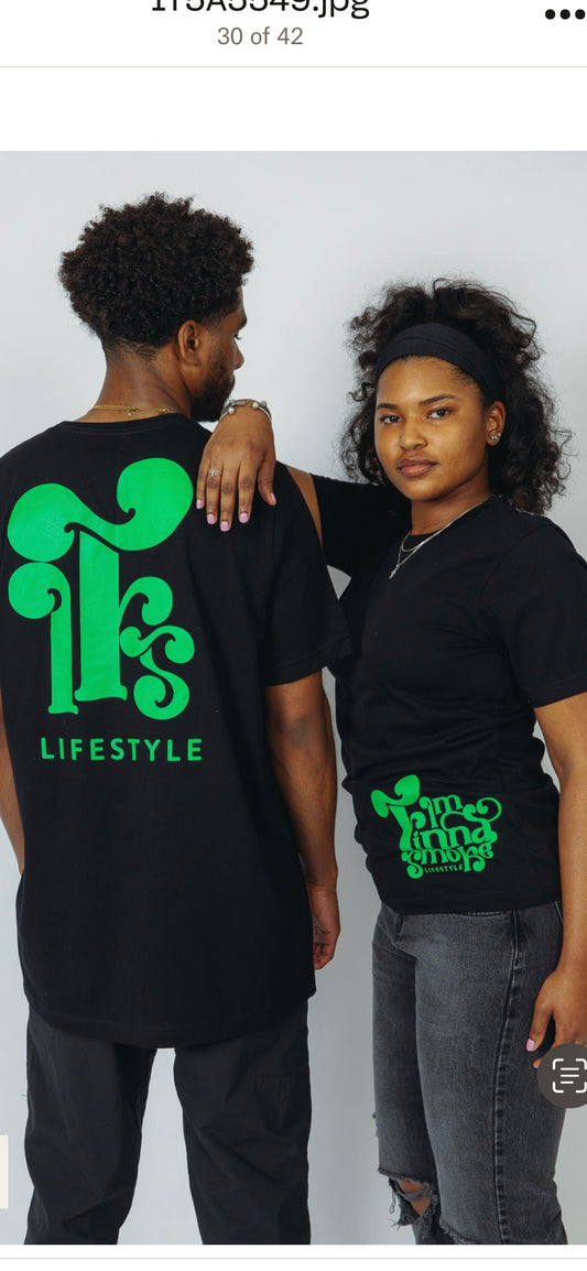 Black and Green Logo Lifestyle T shirt for The Smoke Culture Featuring  I'M FINNA SMOKE LOGO on Front  Bottom of Shirt and IFS logo on the Back